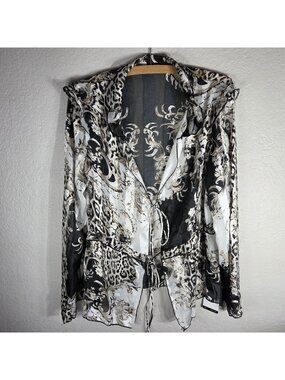 Anewsta Mesh Ruffle Tunic Top Size XL Tie Front Animal Print Long Sleeves